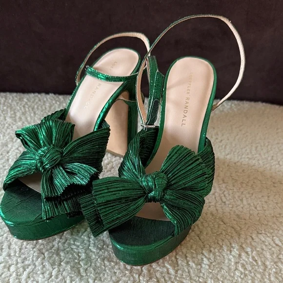 Loeffler Randall Crinkle Taffeta holiday green Platform Sandals 7.5 - Picture 2 of 6